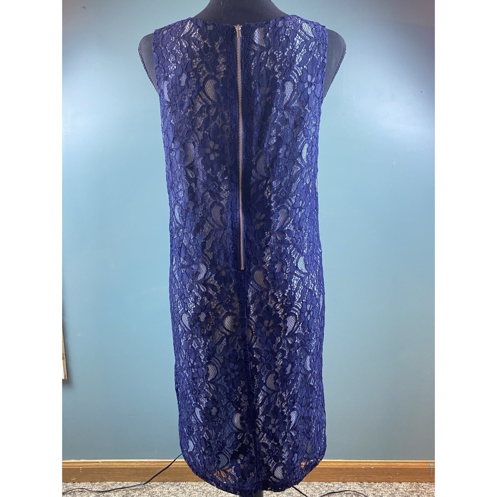 Navy‎ Blue Floral Lace Sleeveless Shift Dress Round Neck Midi Elegant Cocktail - Picture 14 of 16